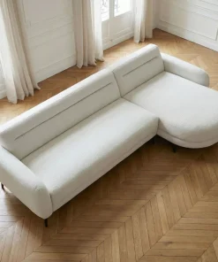 Canapé d'angle convertible avec méridienne arrondie Milord Tissu texturé Crème