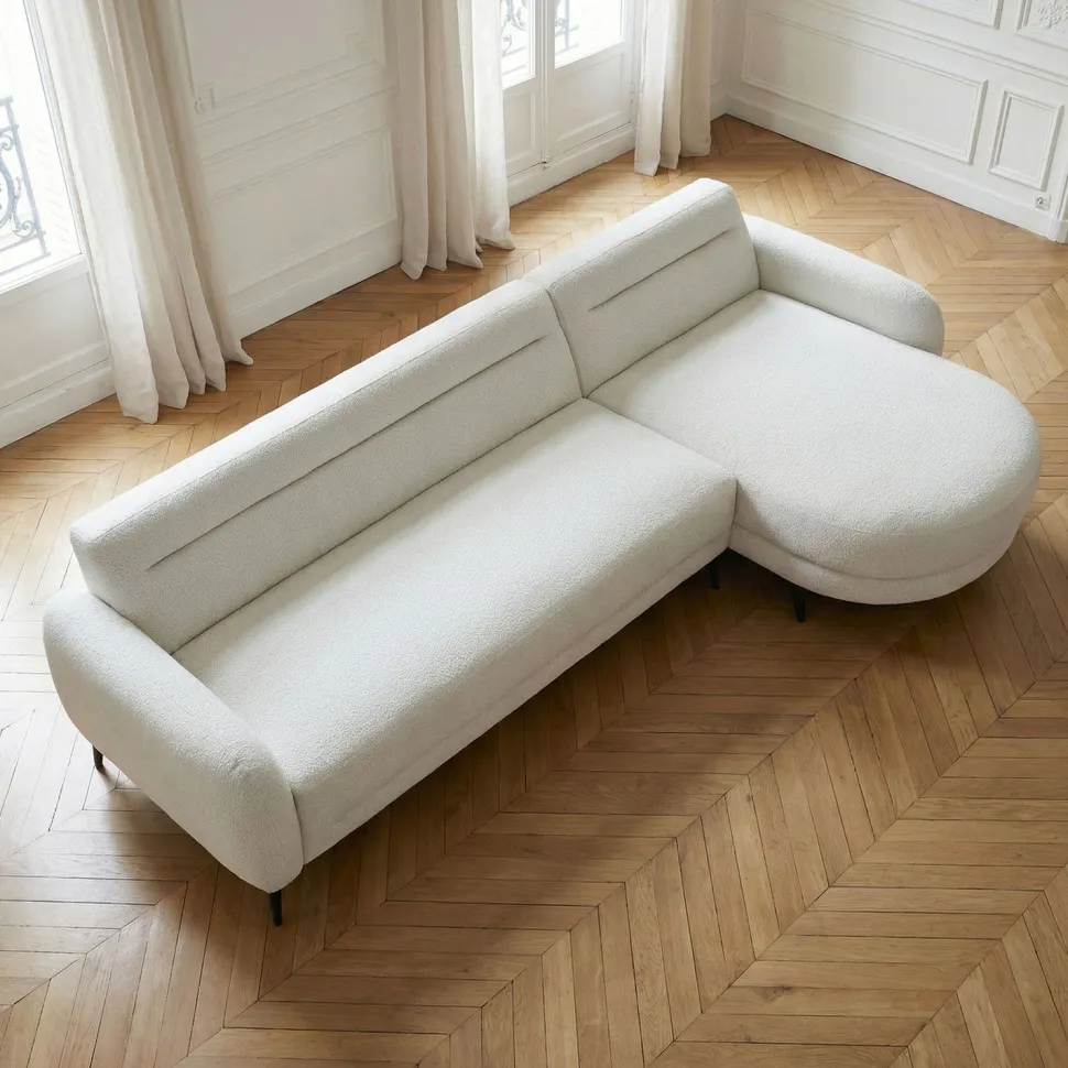 Canapé d'angle convertible avec méridienne arrondie Milord Tissu texturé Crème