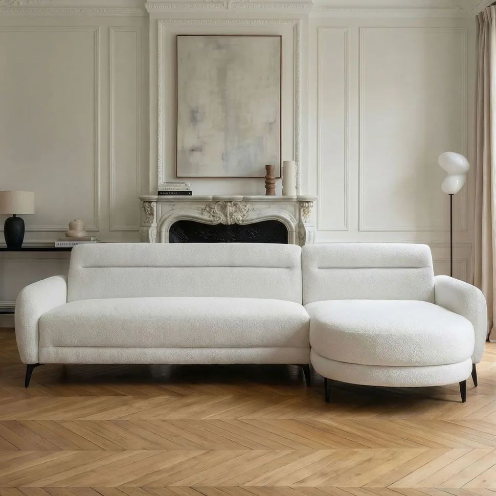 Canapé d'angle convertible avec méridienne arrondie Milord Tissu texturé Crème