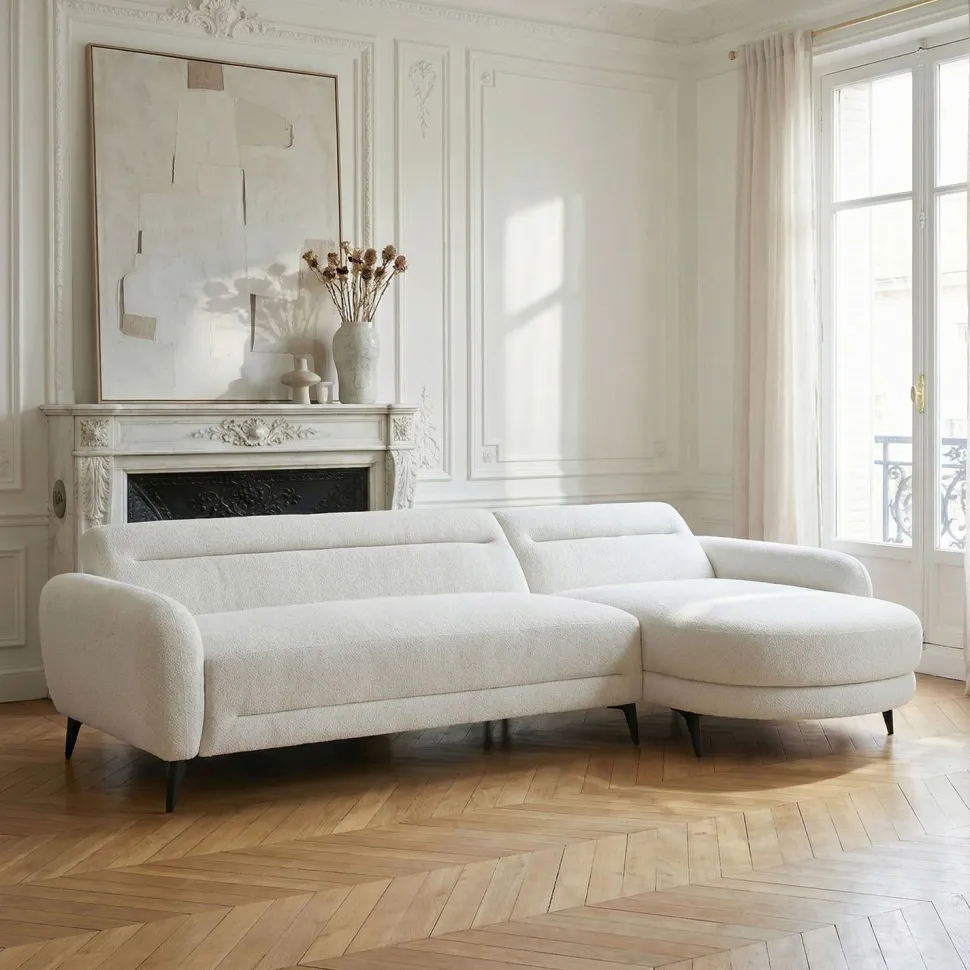 Canapé d'angle convertible avec méridienne arrondie Milord Tissu texturé Crème