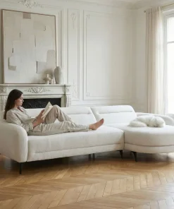 Canapé d'angle convertible avec méridienne arrondie Milord Tissu texturé Crème