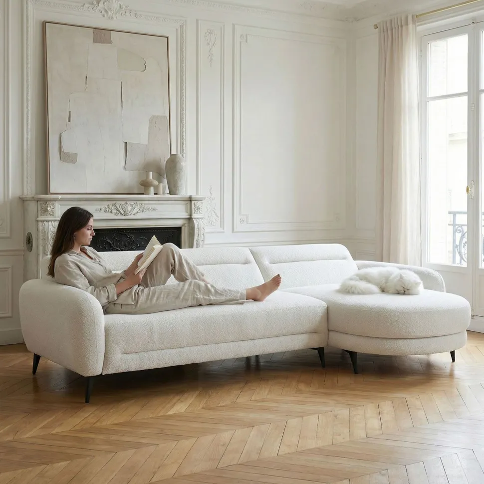 Canapé d'angle convertible avec méridienne arrondie Milord Tissu texturé Crème