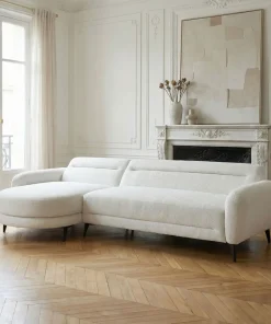 Canapé d'angle convertible avec méridienne arrondie Milord Tissu texturé Crème