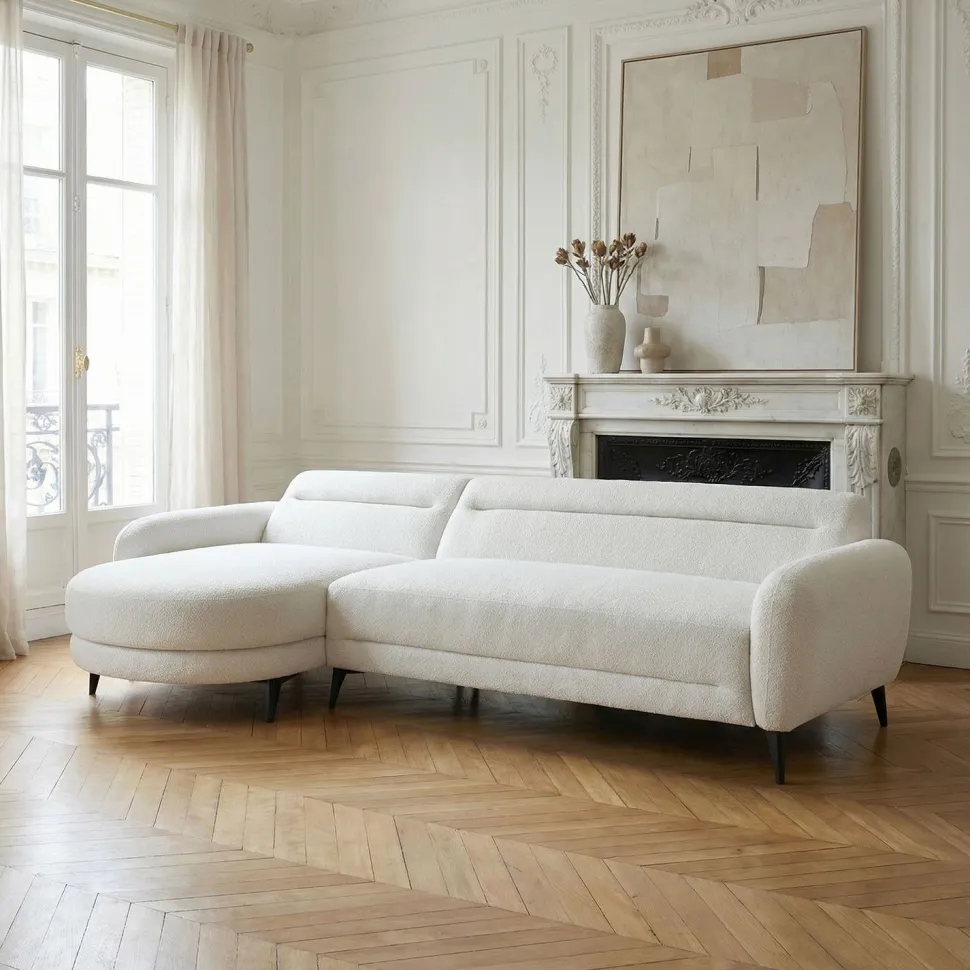 Canapé d'angle convertible avec méridienne arrondie Milord Tissu texturé Crème