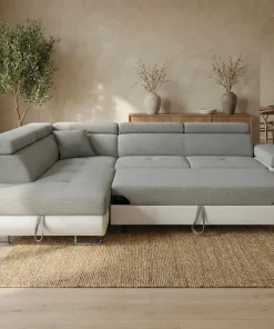 Canapé d'angle convertible Antoni avec têtières relevables angle gauche simili Blanc et tissus Gris clair