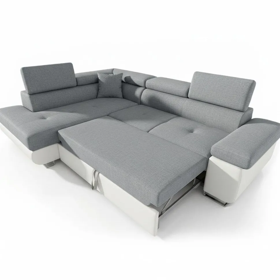 Canapé d'angle convertible Antoni avec têtières relevables angle gauche simili Blanc et tissus Gris clair