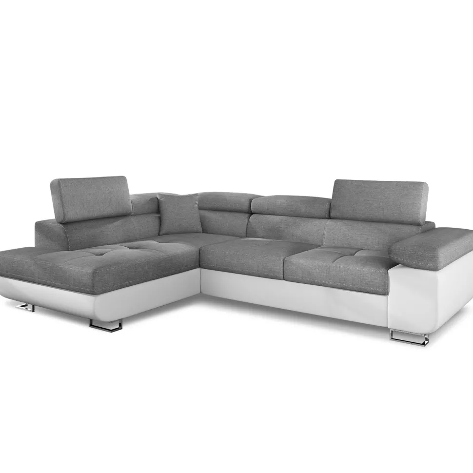 Canapé d'angle convertible Antoni avec têtières relevables angle gauche simili Blanc et tissus Gris clair