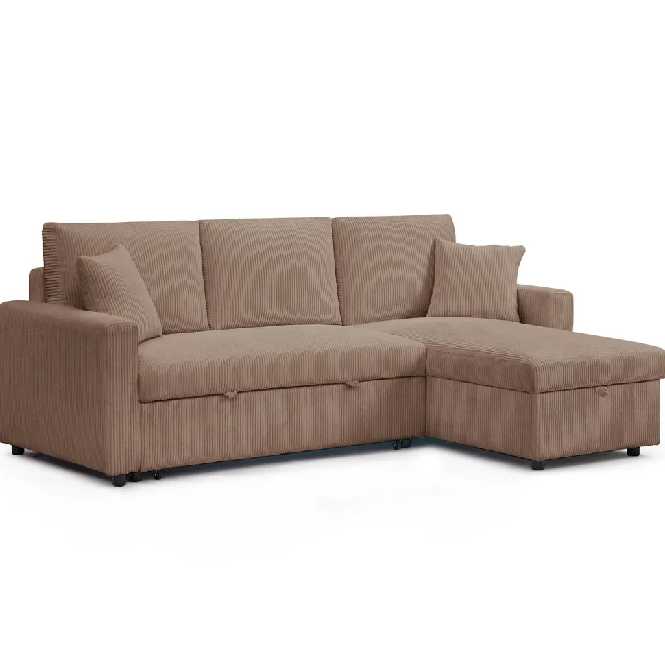 Canapé d'angle convertible avec coffre de rangement réversible Toledo Velours côtelé Taupe