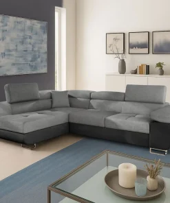 Canapé d'angle convertible Antoni avec têtières relevables Simili Noir et Tissu Gris foncé