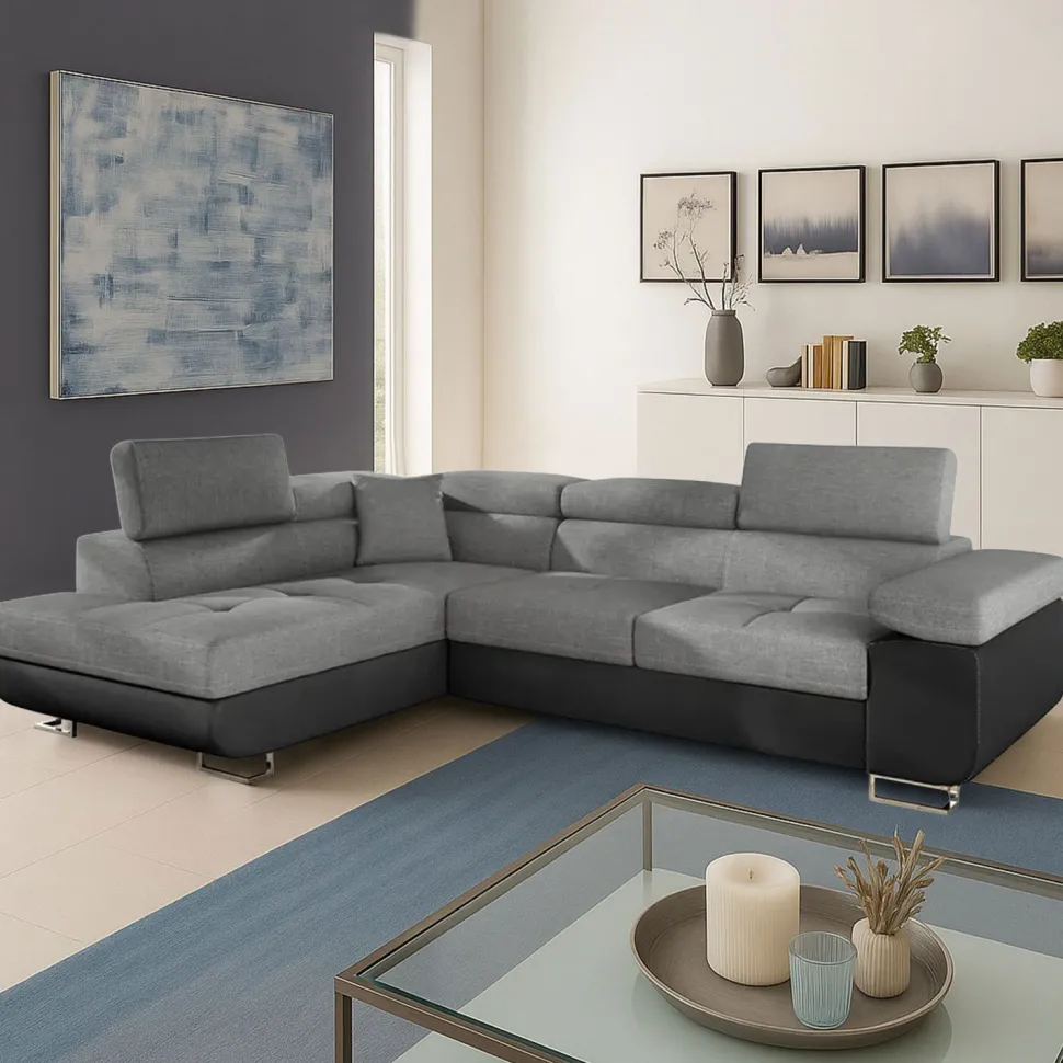 Canapé d'angle convertible Antoni avec têtières relevables Simili Noir et Tissu Gris foncé
