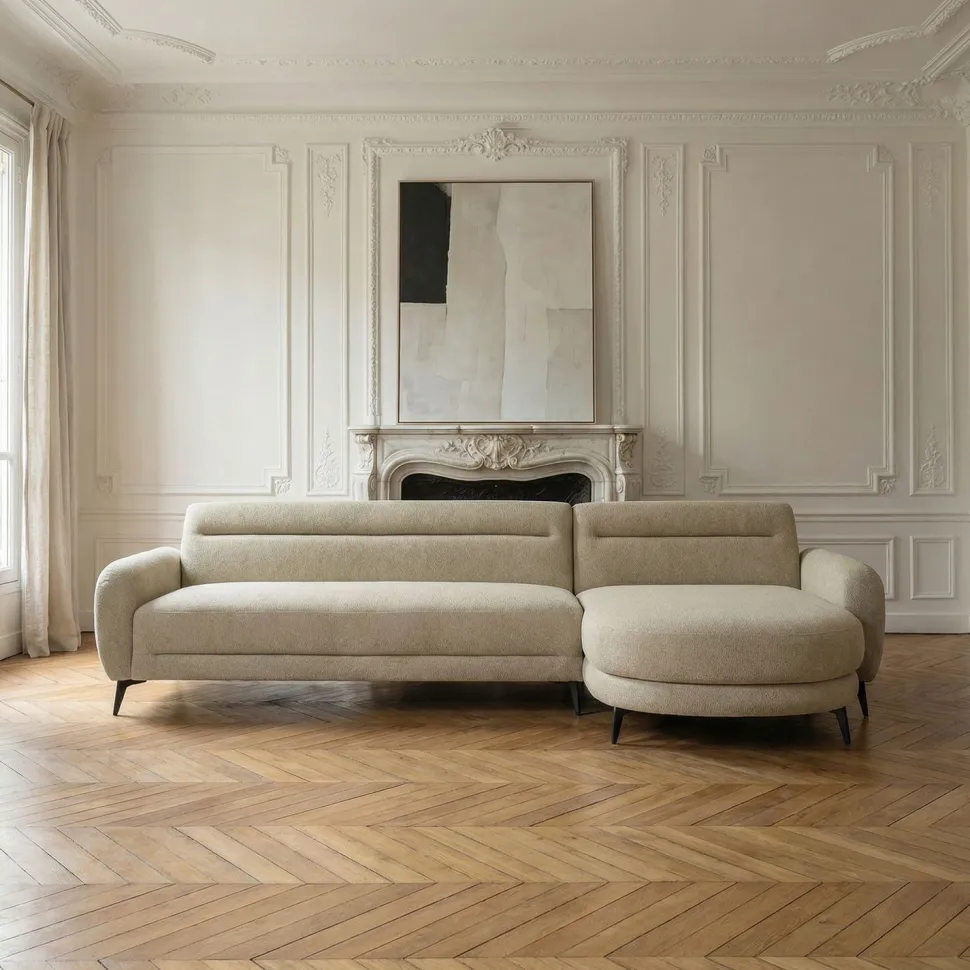 Canapé d'angle convertible avec méridienne arrondie Milord Tissu texturé taupe