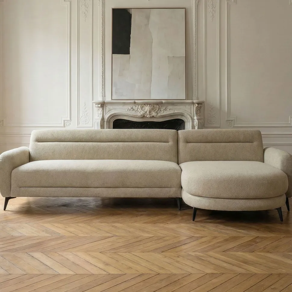Canapé d'angle convertible avec méridienne arrondie Milord Tissu texturé taupe