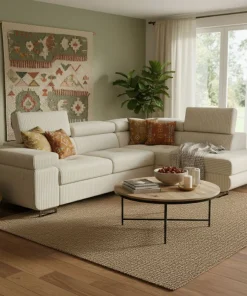Canapé d'angle convertible Antoni avec têtières relevables angle à droite Velours côtelé Beige