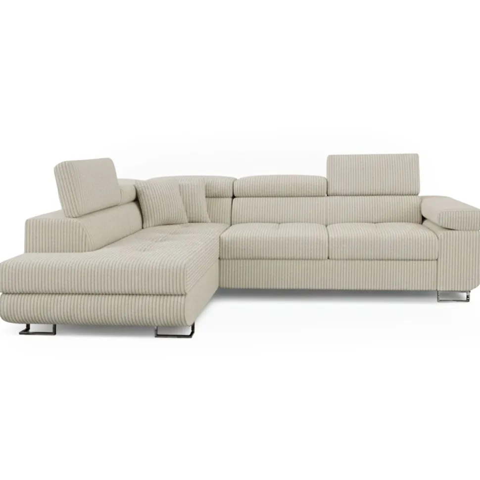 Canapé d'angle convertible Antoni avec têtières relevables angle à gauche Velours côtelé Beige