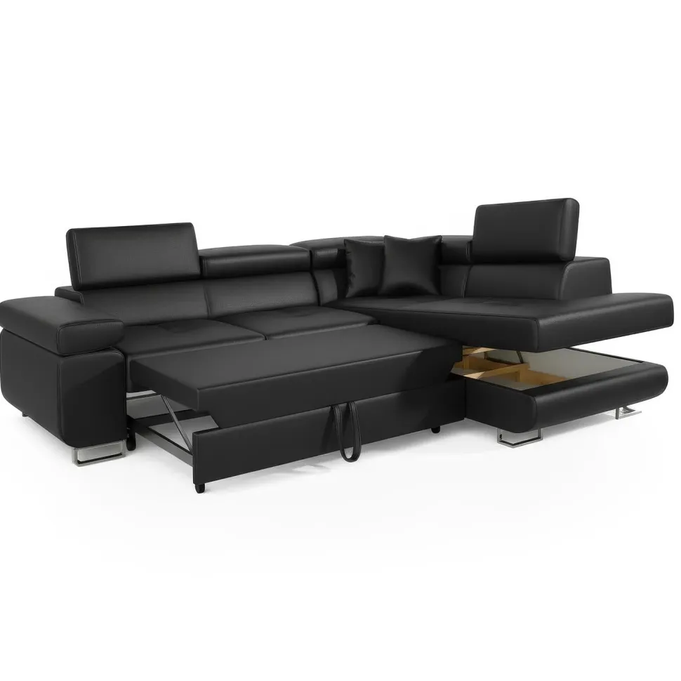 Canapé d'angle convertible Antoni avec têtières relevables Simili Noir