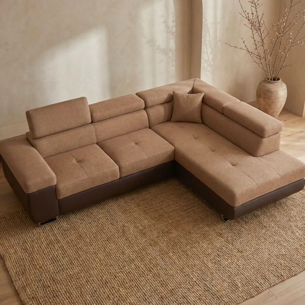 Canapé d'angle convertible Antoni avec têtières relevables angle à droite simili Marron et tissu Marron