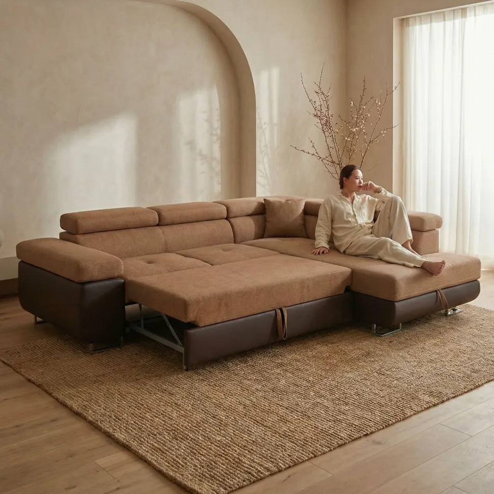 Canapé d'angle convertible Antoni avec têtières relevables angle à droite simili Marron et tissu Marron