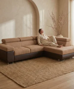 Canapé d'angle convertible Antoni avec têtières relevables angle à droite simili Marron et tissu Marron