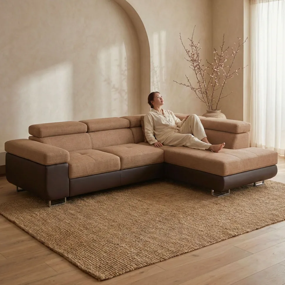 Canapé d'angle convertible Antoni avec têtières relevables angle à droite simili Marron et tissu Marron