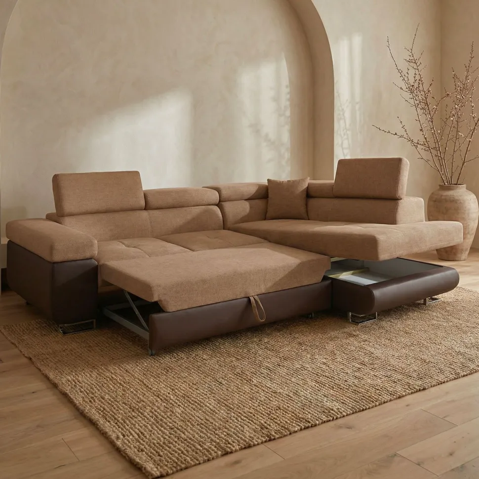 Canapé d'angle convertible Antoni avec têtières relevables angle à droite simili Marron et tissu Marron