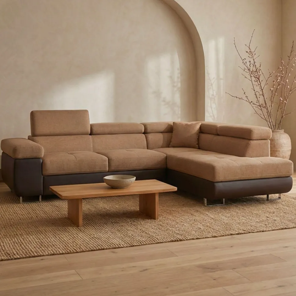 Canapé d'angle convertible Antoni avec têtières relevables angle à droite simili Marron et tissu Marron