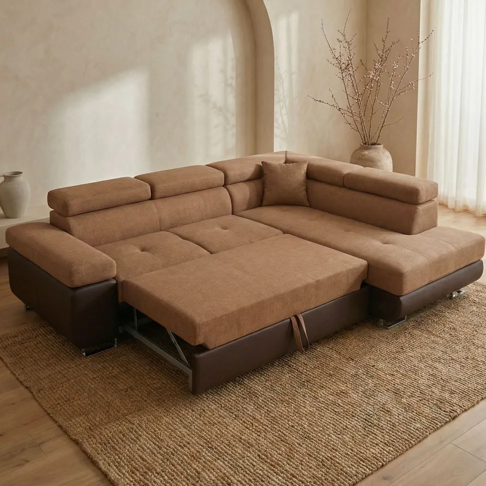 Canapé d'angle convertible Antoni avec têtières relevables angle à droite simili Marron et tissu Marron