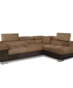 Canapé d'angle convertible Antoni avec têtières relevables angle à droite simili Marron et tissu Marron