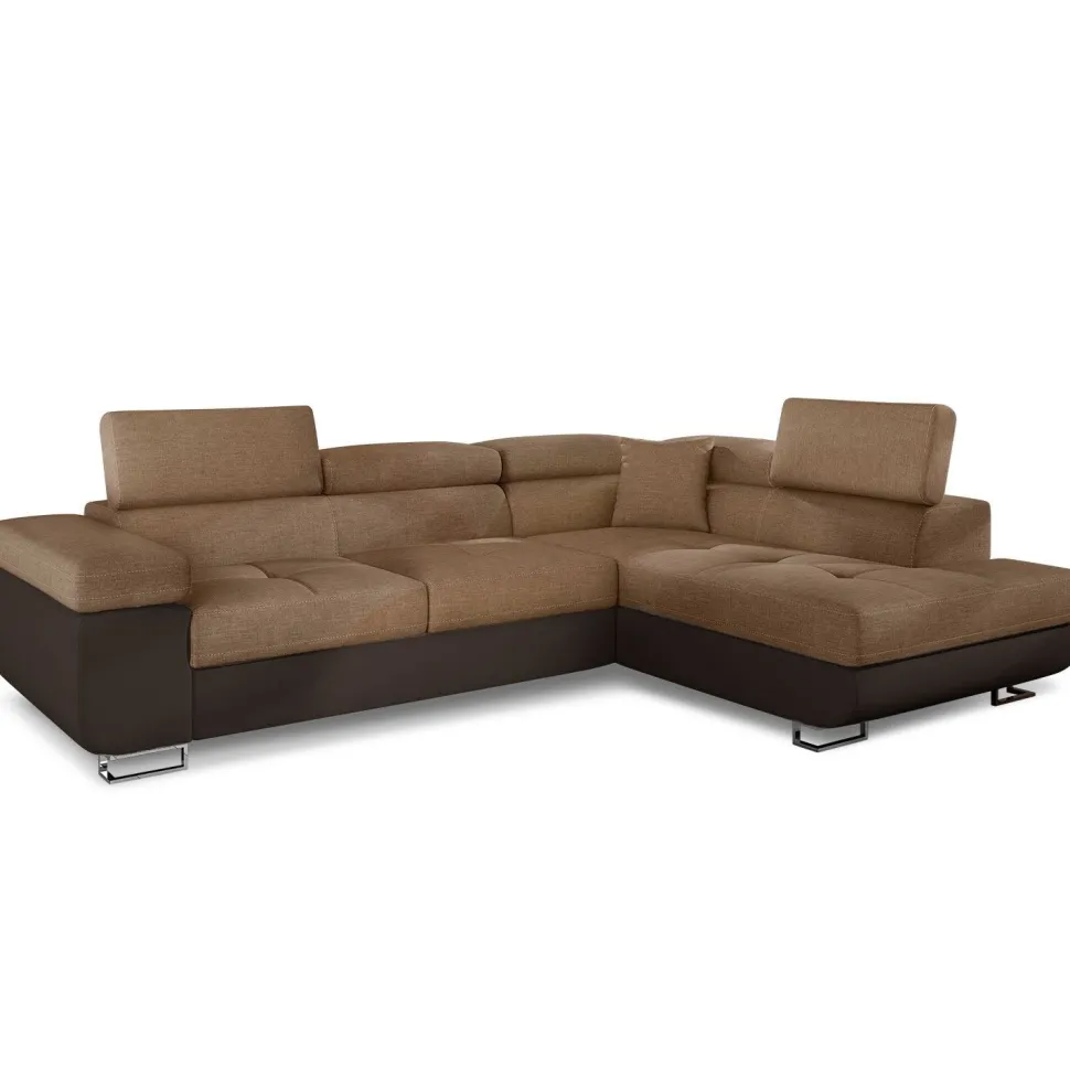 Canapé d'angle convertible Antoni avec têtières relevables angle à droite simili Marron et tissu Marron