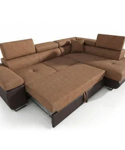 Canapé d'angle convertible Antoni avec têtières relevables angle à droite simili Marron et tissu Marron
