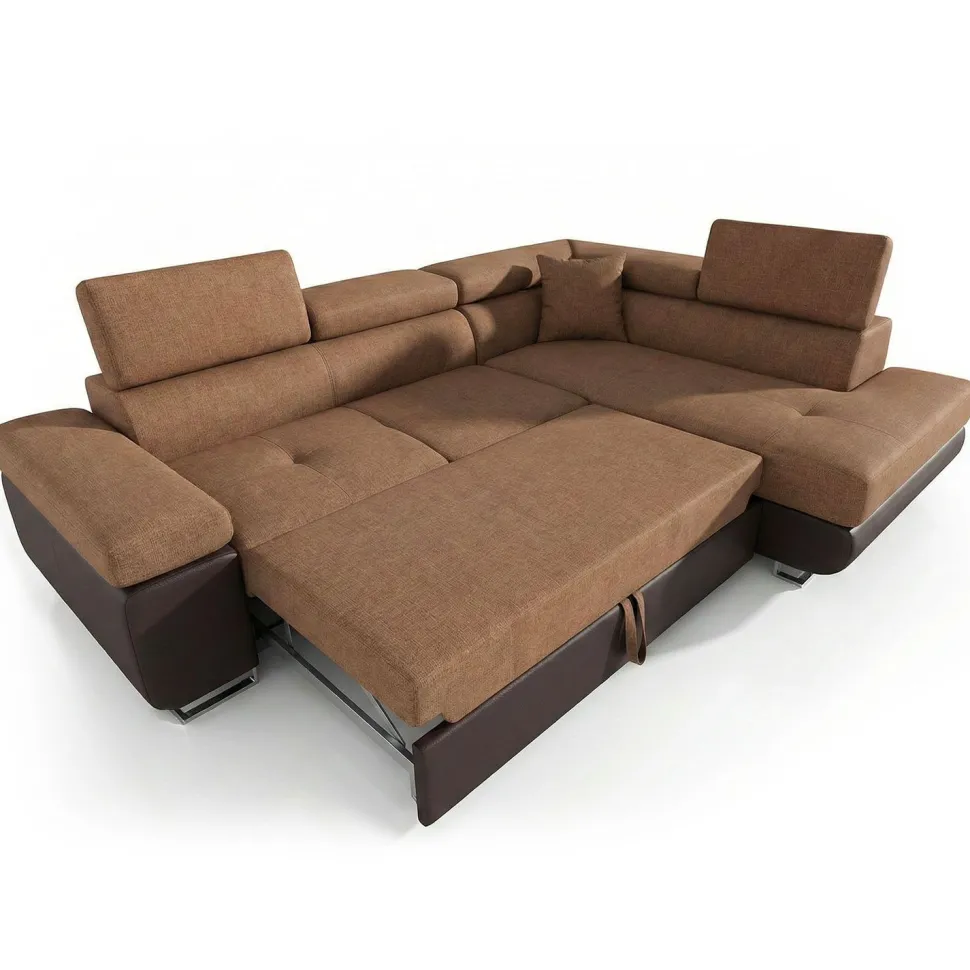 Canapé d'angle convertible Antoni avec têtières relevables angle à droite simili Marron et tissu Marron