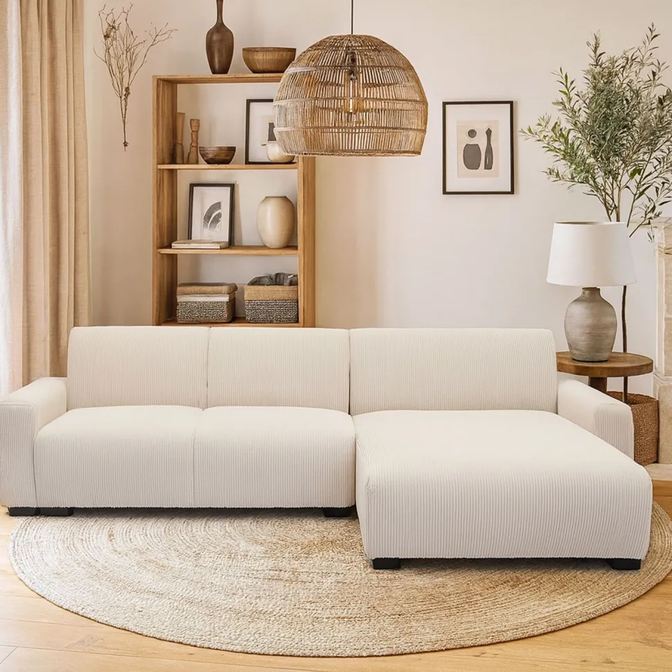 Canapé d'angle moderne 288cm Wallis Velours côtelé Crème