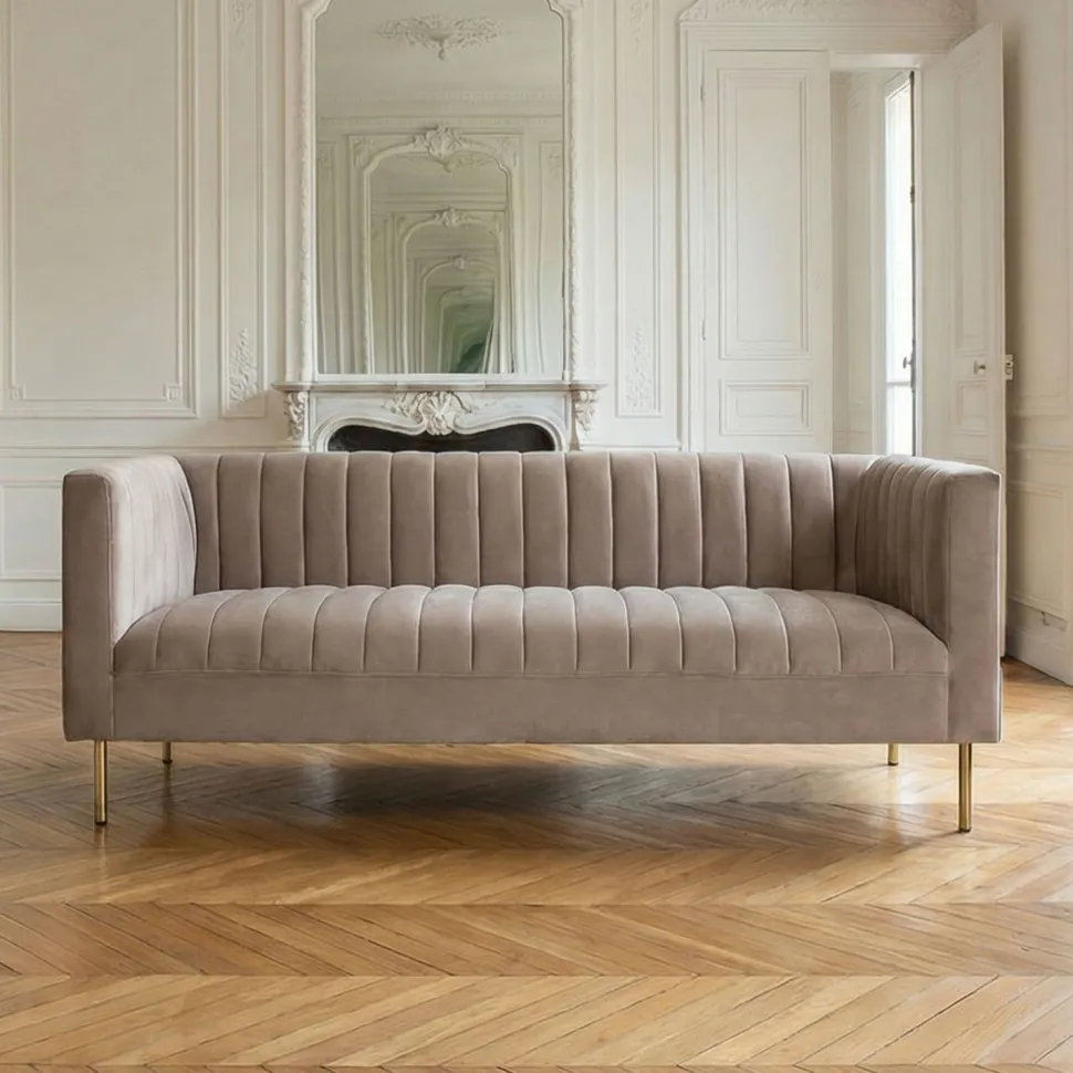 Canapé moderne 3 places à coutures verticales Sacramento Velours Taupe