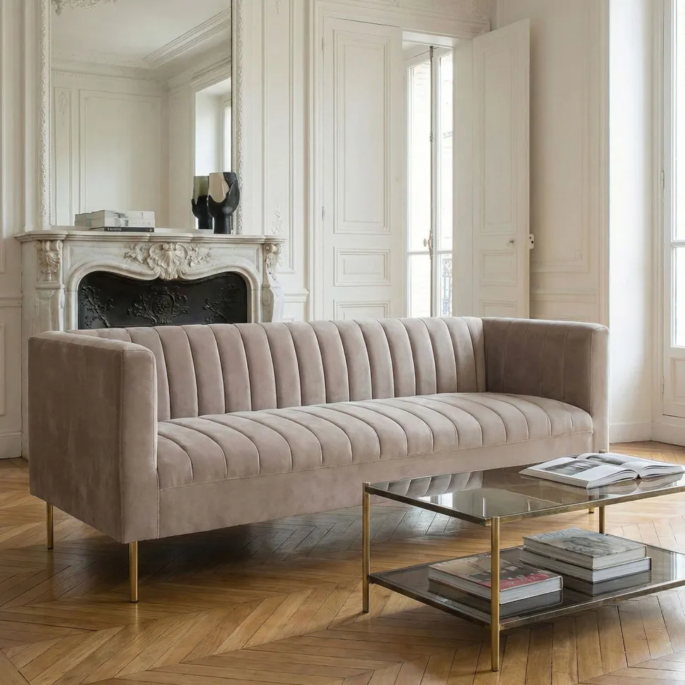 Canapé moderne 3 places à coutures verticales Sacramento Velours Taupe