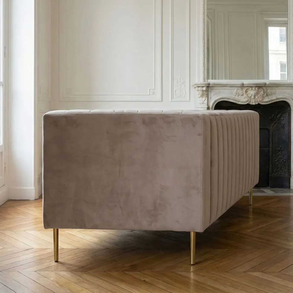 Canapé moderne 3 places à coutures verticales Sacramento Velours Taupe