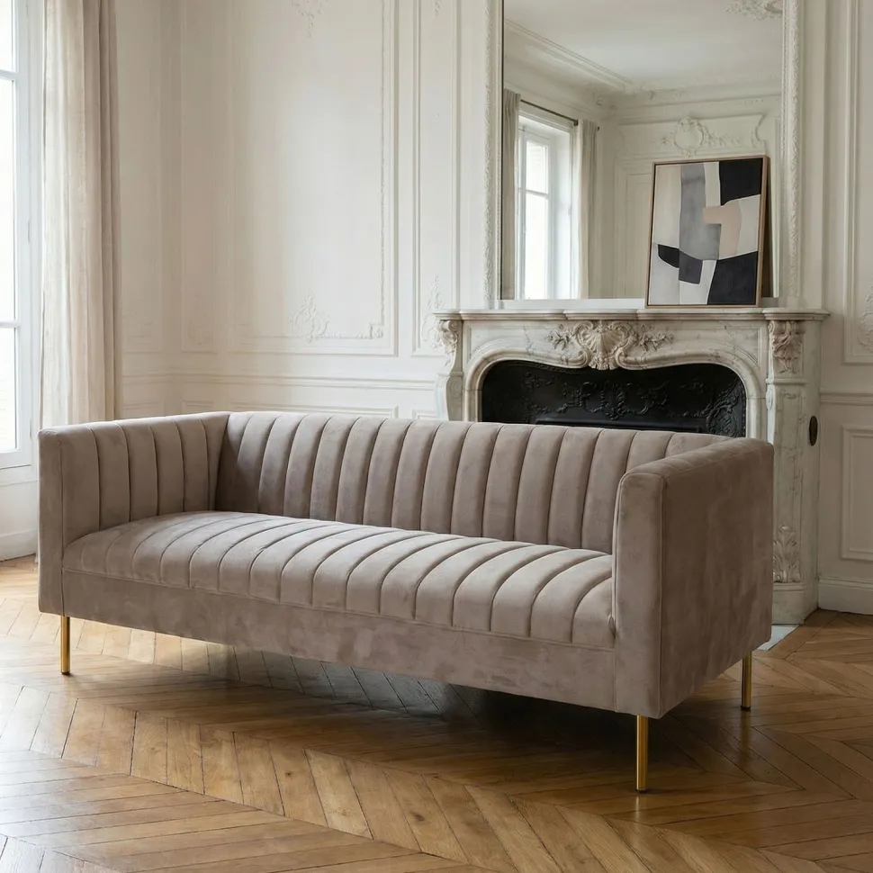 Canapé moderne 3 places à coutures verticales Sacramento Velours Taupe