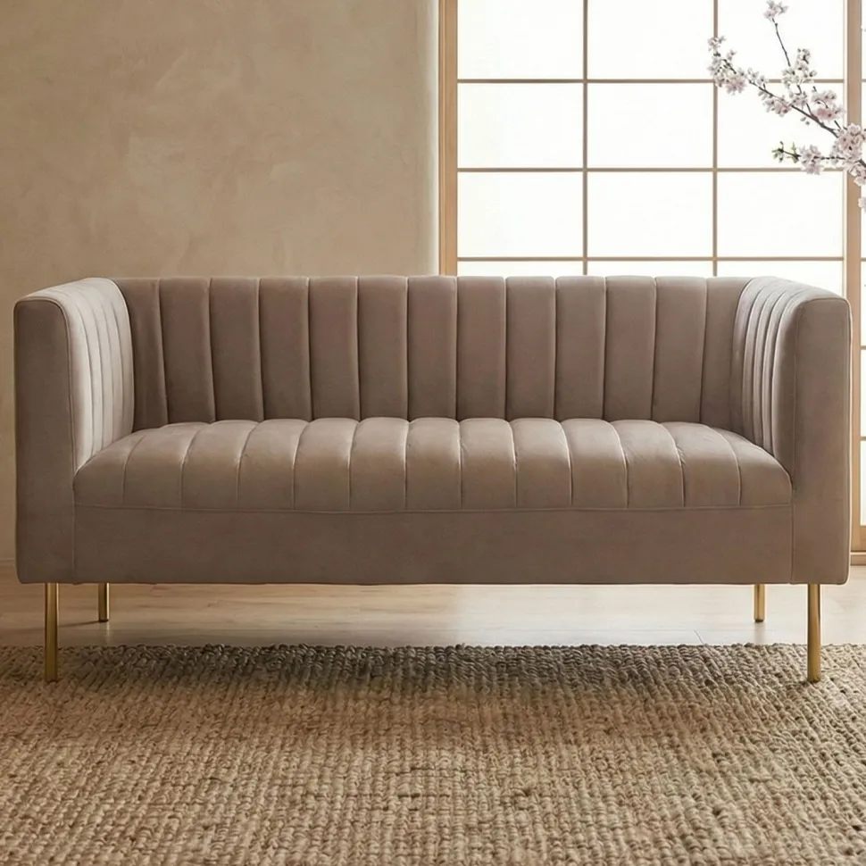 Canapé moderne 2 places à coutures verticales Sacramento Velours Taupe