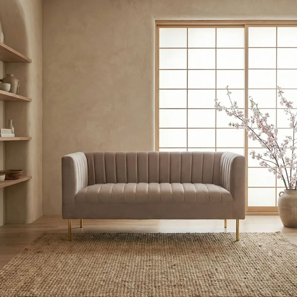 Canapé moderne 2 places à coutures verticales Sacramento Velours Taupe