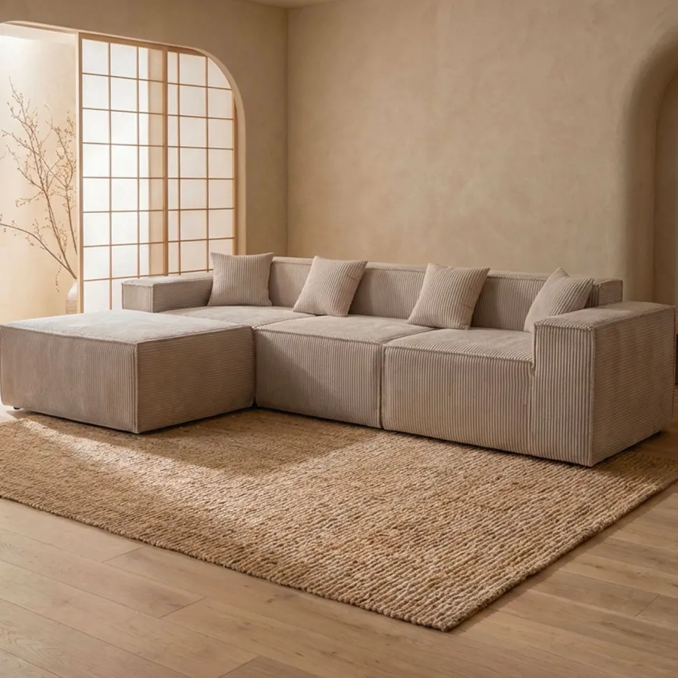 Canapé modulable en angle avec pouf Archiduc Velours côtelé Taupe