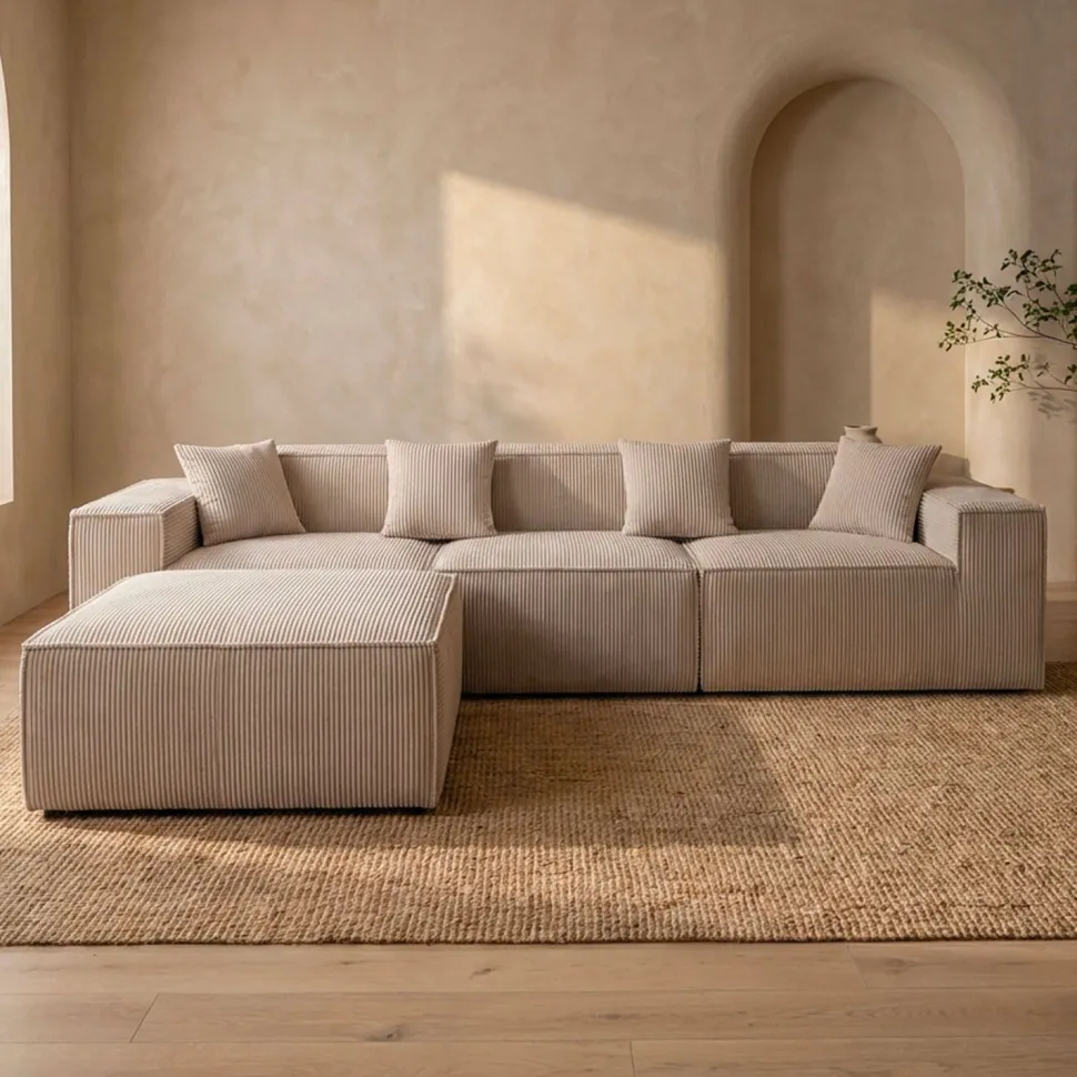 Canapé modulable en angle avec pouf Archiduc Velours côtelé Taupe