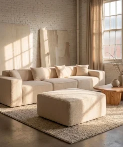 Canapé modulable en angle avec pouf Archiduc Tissu bouclette beige