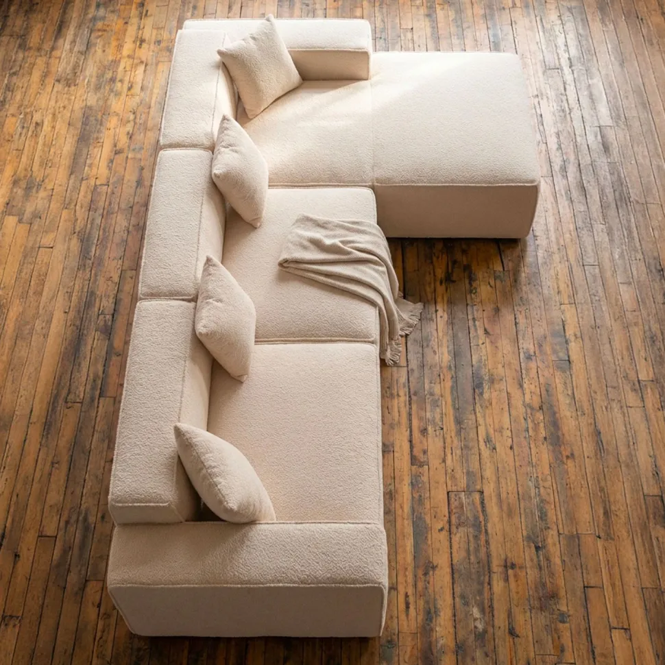 Canapé modulable en angle avec pouf Archiduc Tissu bouclette beige
