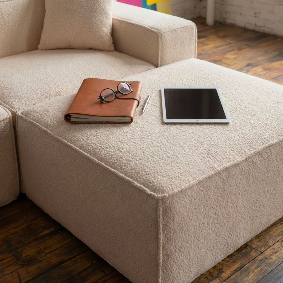 Canapé modulable en angle avec pouf Archiduc Tissu bouclette beige