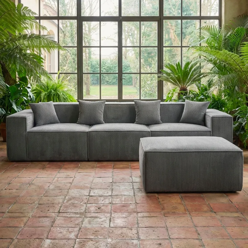 Canapé modulable en angle avec pouf Archiduc Velours côtelé Gris foncé