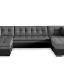 Canapé panoramique d'angle convertible Vento Simili Noir et Tissu Gris Foncé