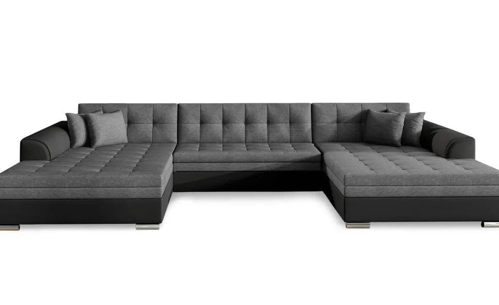 Canapé panoramique d'angle convertible Vento Simili Noir et Tissu Gris Foncé