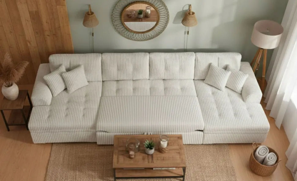 Canapé panoramique d'angle convertible Vento Velours côtelé Crème