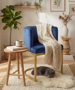 Chaise / Fauteuil Noellie Velours Bleu pieds Or