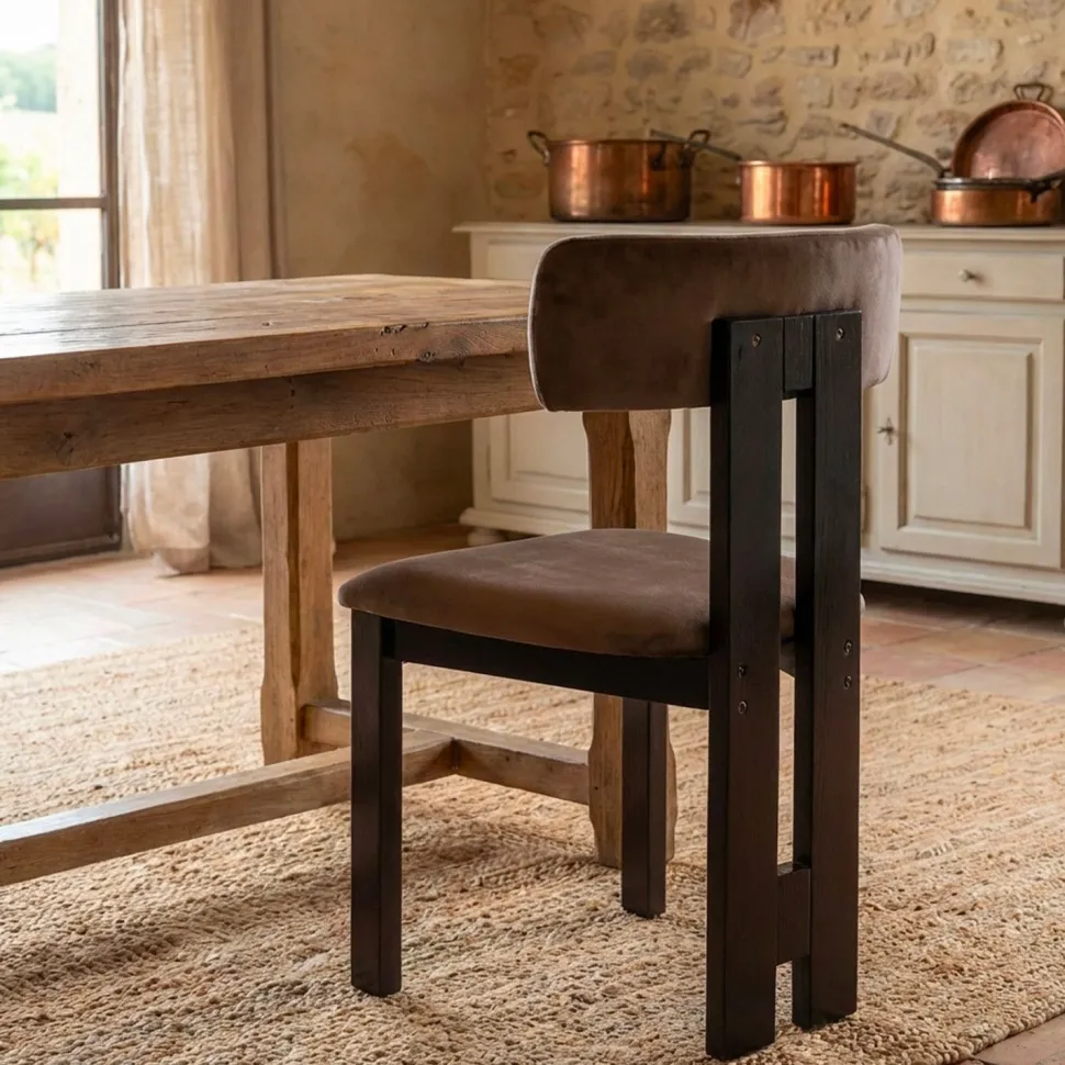 Chaise de salle à manger design Ceriz Bois foncé et Velours Marron