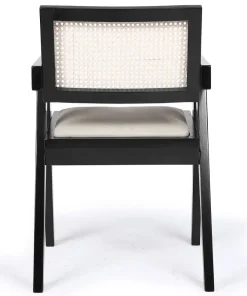 Chaise design avec accoudoirs et cannage rotin Hiro Bois foncé et Tissu Beige
