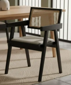 Chaise design avec accoudoirs et cannage rotin Hiro Bois foncé et Tissu Beige